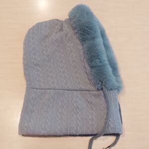 Cozy Gray Knit Baklava Hat with Fur Trim